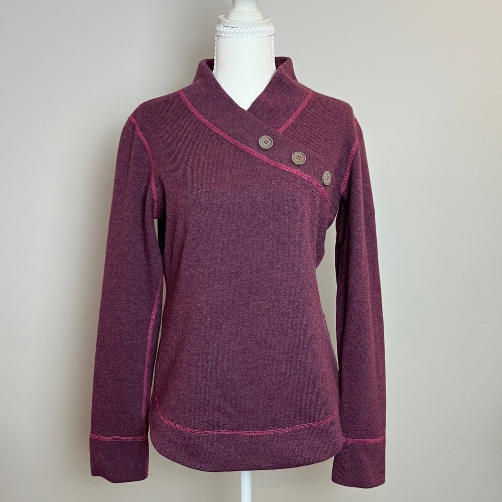 Prana Womens Recycled Wool Blend Button Shawl Collar Sweater Plum Purple Medium